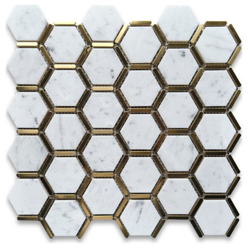 Carrara White Marble Hexagon Mosaic Tile w/ Brass Strips Polished, 1 Sheet