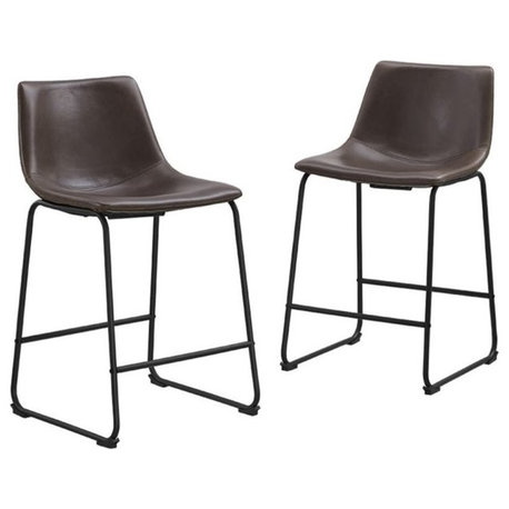 Pemberly Row Faux Leather Bar Stool Chair Set of 2 in Brown - Saddle Seat