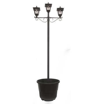 Triple Head Solar Lamp and Post Set With Round Planter