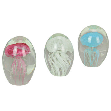 Blue Pink and White Glass Art Glow In the Dark Jellyfish Paperweights Set of 3