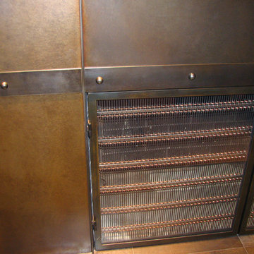 Steel fireplace wall with doors