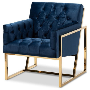 Baxton Studio Milan Navy Velvet Upholstered Gold Finished Lounge Chair