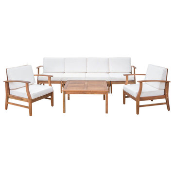 GDF Studio Scarlett Outdoor 6-Seat Teak Finished Acacia Wood Sofa and Table Set, Cream