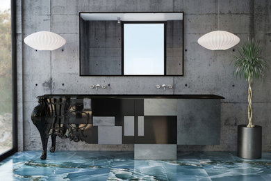 На фото: большая ванная комната в стиле модернизм с отдельно стоящей ванной, двойным душем, инсталляцией, серой плиткой, мраморным полом, синим полом, тумбой под одну раковину и напольной тумбой с