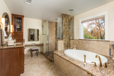 Photo of a large transitional master bathroom in DC Metro with raised-panel cabinets, dark wood cabinets, a drop-in tub, an open shower, a two-piece toilet, beige tile, mosaic tile, beige walls, ceramic floors, an undermount sink and engineered quartz benchtops.