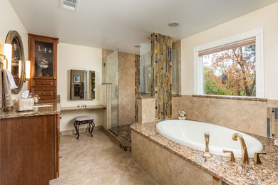Large transitional master beige tile and mosaic tile ceramic tile bathroom photo in DC Metro with raised-panel cabinets, dark wood cabinets, a two-piece toilet, beige walls, an undermount sink and quartz countertops