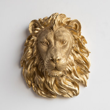Faux Taxidermy Lion Head Wall Mount, Gold
