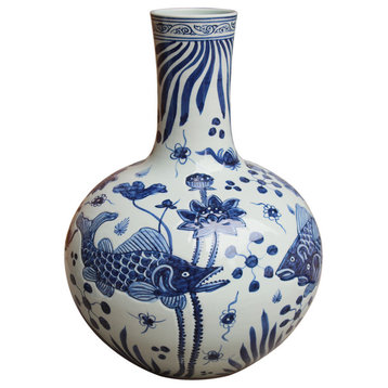 Blue and White Fish Motif Emobssed Porcelain Globular Vase 21.5"