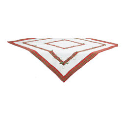 Xia Home Fashions - Tartan Ribbon Embroidered Christmas Table Topper 36"x36", White - Tablecloths