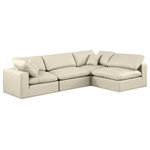 Meridian Furniture - Comfy Upholstered L-Shaped Modular Sectional, Cream, 4-Piece: 2 Armless Chair, 2 Corner Chair, Vegan Leather - Give your space a whole new look with this cream Comfy vegan leather sectional. This handsome sectional fits nicely with other items in the Comfy collection and is a versatile seating option designed for adaptability, comfort and style. Wrapped in rich cream durable vegan leathered upholstery, this sectional offers a plush embrace of overstuffed down feather cushions, carefully crafted to deliver the highest level of comfort. The perfect seat for creating an oasis for relaxation, this sectional has thick foam surrounding its frame for added support and coziness.