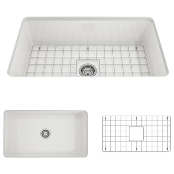 Sotto Undermount Kitchen Sink With Grid and Strainer, White, 32"