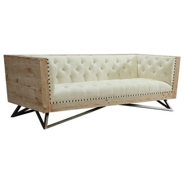 Armen Living Regis Tufted Upholstered Modern Leather Sofa in Cream