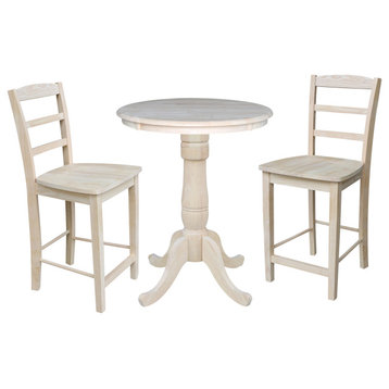 30" Round Pedestal Gathering Height Table With 2 Madrid Counter Height Stools