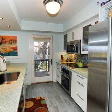 Kitchen with Green and Blue Quartz Countertops