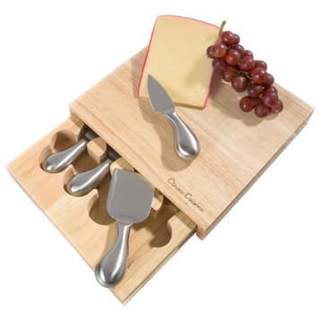 5PieceCheese Board Set Wood Charcuterie Cutting Block With StainlessSteel Drawer