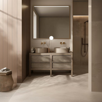 Desert Beige Oak Double Sink Vanity | Freestanding White Oak Bathroom Cabinet |