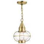 Livex Lighting - Antique Brass Nautical, Farmhouse, Bohemian, Colonial, Outdoor Pendant Lantern - The Newburyport outdoor medium single-light pendant lantern boasts classic nautical and railway styling. This piece features a beautiful hand-blown clear glass globe and an antique brass finish over the hand crafted solid brass construction. With its easy installation and low upkeep requirements, this light will not disappoint.