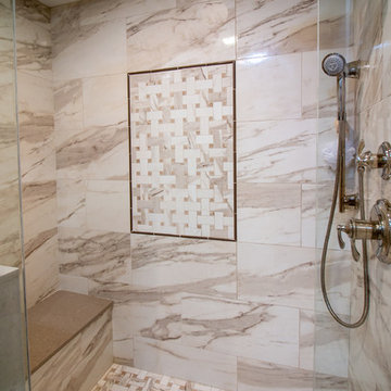 Transitional Hollow White Paint Finish Bath Remodel W/ Basket Weave Deco Panel