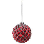 Northlight - 3.25" Red and Silver Glittered Glass Ball Christmas Ornament - From the Country Tweed Collection Red geometric ball with silver glitter accents