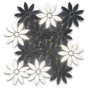 Nero Marquina Black Thassos White Marble Flower Waterjet Mosaic Tile, 1 sheet