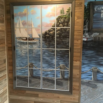New England Harbor Town Mural, hand painted throughout a lower level
