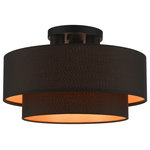Livex Lighting - Sentosa 3-Light Black Large Semi-Flush - The three-light black finish Sentosa large semi-flush has a modern and retro appeal. The hand-crafted black fabric hardback drum shades are set off by an inner silky orange fabric which creates a versatile effect. Perfect fit for the living room, dining room, kitchen or bedroom.