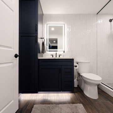 Transitional Bathroom – Navy Vanity – Under Cabinet Lighting