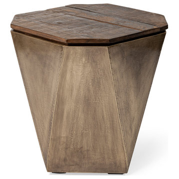Esagono Octagonal Gold Metal-Clad Reclaimed Wood End/Side Table With Storage