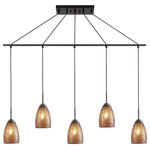 Woodbridge Lighting - Woodbridge Lighting Venezia 5-Light Pendant Chandelier, Bronze, Linear, 42"w, Mosaic Amber - The Venezia collection is a series of hanging lights featuring uniquely colored designer glass. With many color options to choose from, this transitional design can blend in many rooms with different colors and themes.   This linear pendant hangs 5 tulip shaped mosaic glasses in a row along a metal rod to create an island of contemporary taste.