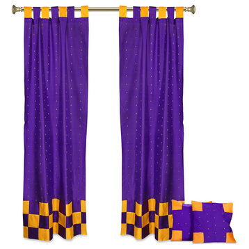 4 Pc Set Indian Sari Curtains & Cushion Covers  Boho Tab Top Purple/Taupe 96"