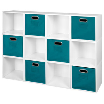 Niche Cubo Storage Set - 12 Cubes and 6 Canvas Bins- White Wood Grain/Teal