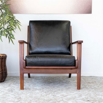 Kalley Luxury Modern Full Grain Organic Leather Accent Armchair in Black