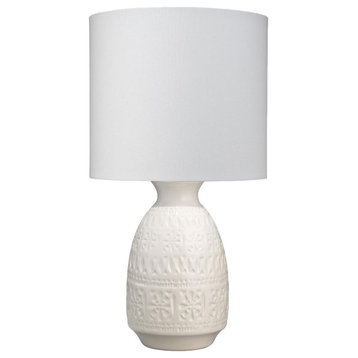 Contemporary White Embossed Medallion Table Lamp 20 in Repeating Pattern Ceramic
