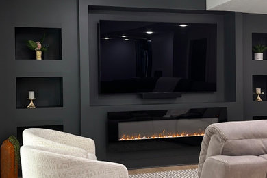 Basement - large contemporary look-out vinyl floor and beige floor basement idea in Kansas City with a home theater and white walls