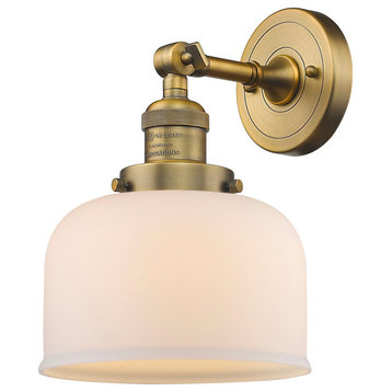 Large Bell 1-Light Sconce, Matte White Cased Glass, Brushed Brass