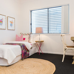 Inspiration for a contemporary bedroom in Brisbane with white walls, carpet and black floor.