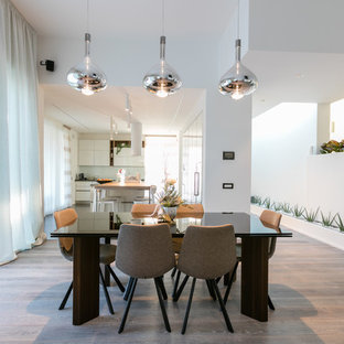 ボローニャの広いコンテンポラリースタイルのLDKの画像 (白い壁、濃色無垢フローリング、両方向型暖炉、グレーの床)