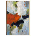 Harp and Finial - Retrograde Framed Canvas Art Hand Painted Abstract Gold - Made modern interiors bloom with the bright bursts of color in the Retrograde Framed Canvas Art. This abstract piece seemingly depicts a close-up of a fluffy bouquet of red and white flowers, although the actual subject is up for interpretation. Painted by hand on canvas, this piece is literally one-of-the-kind.