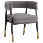 Sunpan - Callem Dining Armchair, Antonio Charcoal - Invite guests to relax in this elegant open back armchair. Features a modern barrelback seat in antonio charcoal fabric with ruching on the exterior. An exposed brown birchwood frame with gold metal caps completes the look. Perfect for living, lounge and office spaces.