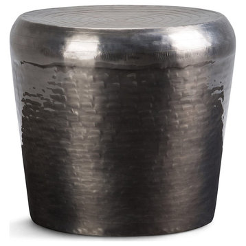 Industrial End Table, Drum Shaped Body With Textured Finish, Antique Silver