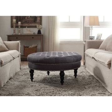 Linon Isabelle Round Wood Upholstered Ottoman in Charcoal Gray