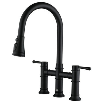 Kitchen Faucet Centerset Bridge 2-Handle 3-Function Pull-Down Spray Matte Black