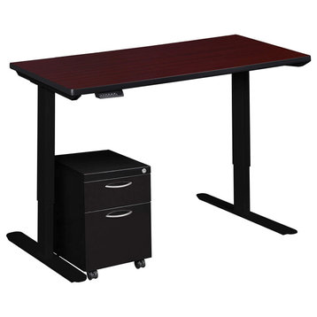 Modern Power Desk, Adjustable Height With Mobile File Cabinet, Mahogany/Black