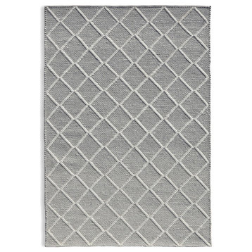 Handmade Ivory Colored High/Low Diamond Patterned Wool Rug by Tufty Home, Silver / Ivory, 2.3x9