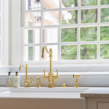 Château Charm: French-Inspired Kitchen Renovation with Plaster Hood Blue Stove a