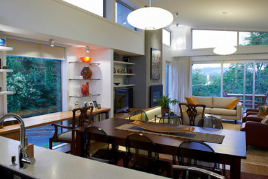 Cette image montre un salon design de taille moyenne et ouvert avec un mur blanc, un sol en bois brun, un manteau de cheminée en métal, un téléviseur indépendant et un sol marron.