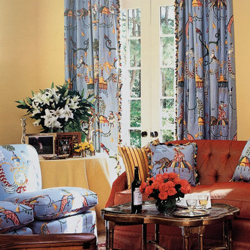 Custom Draperies, pillows & settee in gorgeous Scalamandre fabric.
