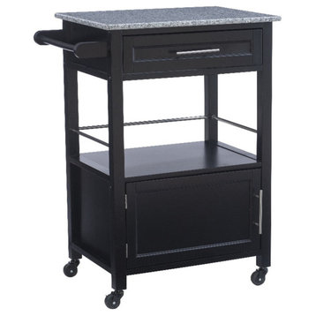 Linon Mitchell Wood Granite Top Rolling Kitchen Cart Ample Storage in Black