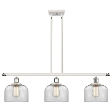 Ballston Large Bell 3 Light Island Light, White and Polished Chrome, Clear Glass