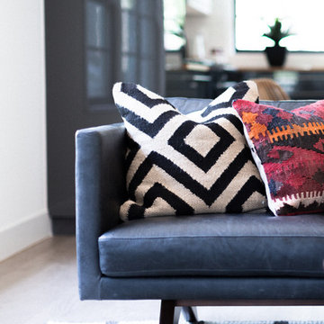 H & M Kilim Pillow, Vintage Orange and Red Kilim Pillow on Licorice Leather Sofa
